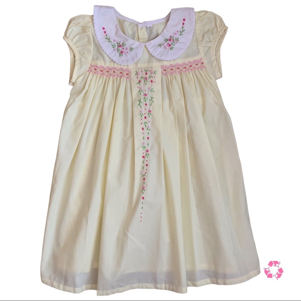 Girls 4-5T Smocked Church Dress Yellow Embroidered Flowers